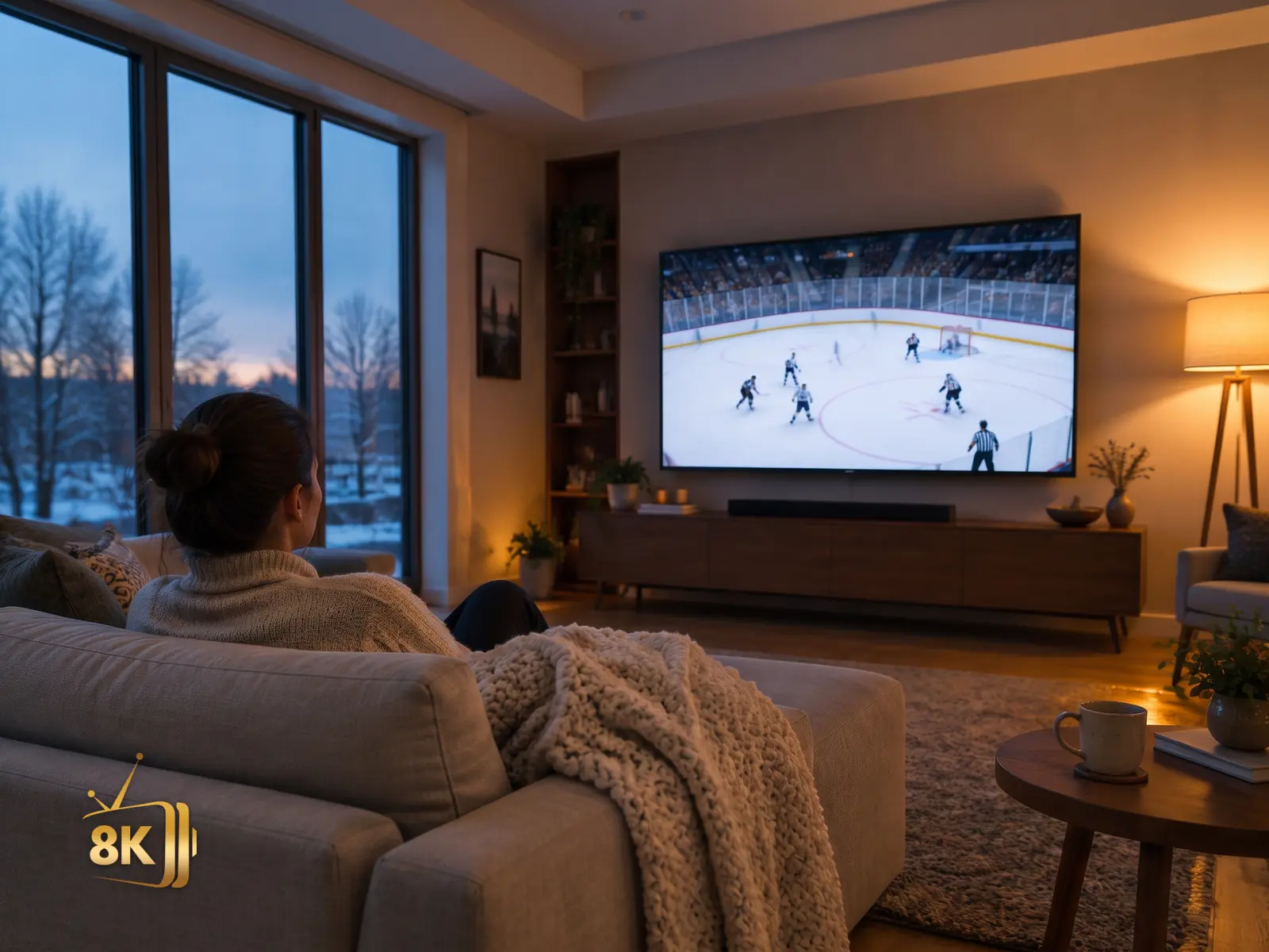 Woman watching a live ice hockey game on a large Strong 8K IPTV screen in a Canadian living room at night