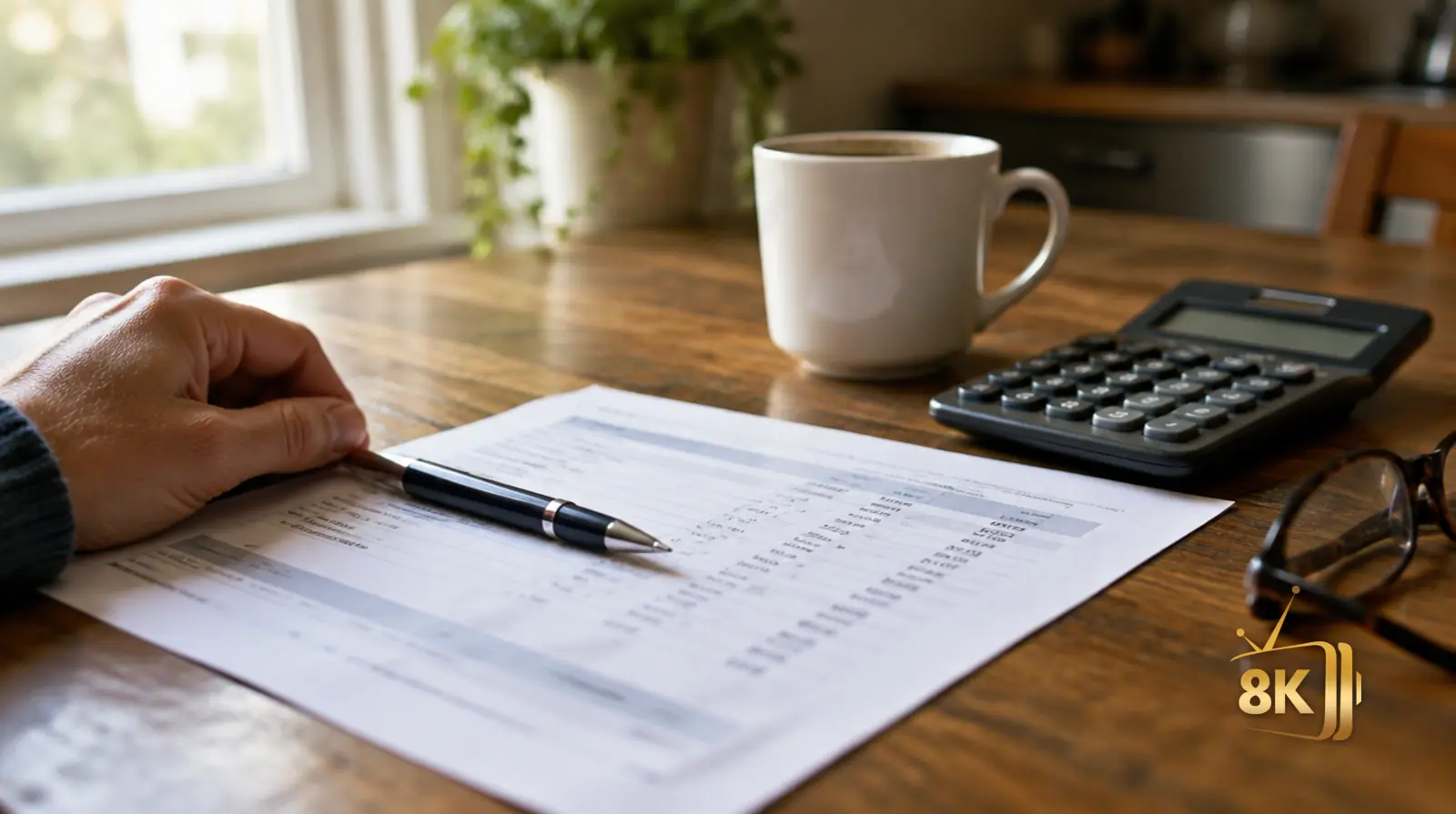 Working out the real cost of a cable bill at a kitchen table, itemized charges beside a calculator